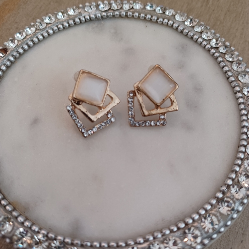 Cats Eye and Crystal Gold Geometric Square Stud Earrings - Picture 2 of 5